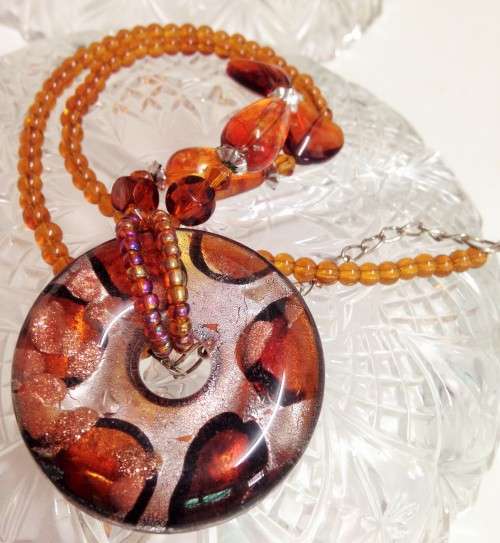 Necklace MURANO Italy glass Silver foil lampwork Pendant + Amber heart long drops glass beads
