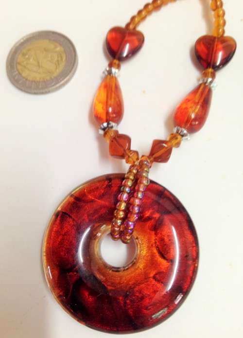 Necklace MURANO Italy glass Silver foil lampwork Pendant + Amber heart long drops glass beads