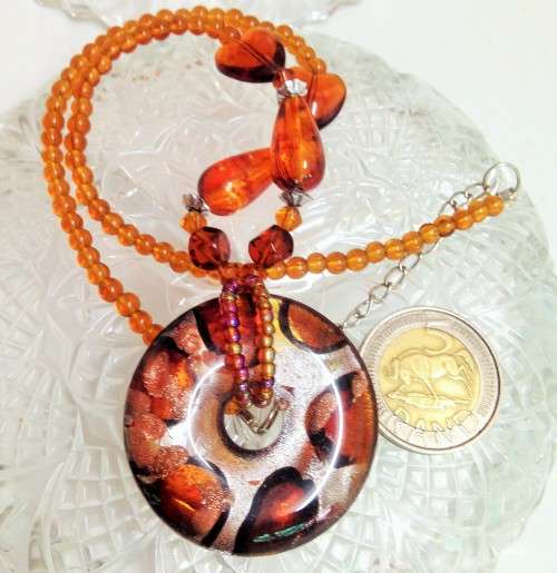 Necklace MURANO Italy glass Silver foil lampwork Pendant + Amber heart long drops glass beads
