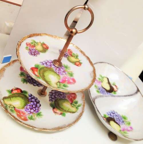 2 TIER CAKE stand GILT Trim+1 SNACK dish 2 DIV Look At All My BUY NOW Listings NO WAITING