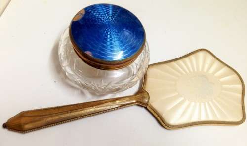 Mirror+ Powder bowl GUILLOCHE ENAMEL ROSE hand held mirror + BLUE LID CRYSTAL POWDER BOWL
