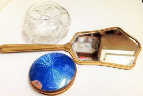 Mirror+ Powder bowl GUILLOCHE ENAMEL ROSE hand held mirror + BLUE LID CRYSTAL POWDER BOWL