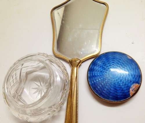 Mirror+ Powder bowl GUILLOCHE ENAMEL ROSE hand held mirror + BLUE LID CRYSTAL POWDER BOWL