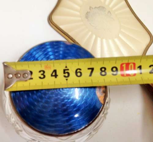 Mirror+ Powder bowl GUILLOCHE ENAMEL ROSE hand held mirror + BLUE LID CRYSTAL POWDER BOWL