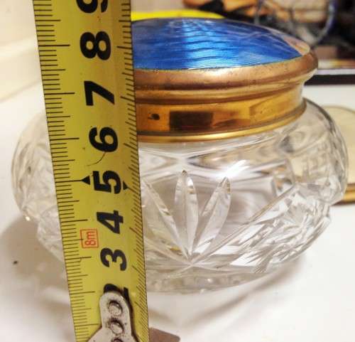 Mirror+ Powder bowl GUILLOCHE ENAMEL ROSE hand held mirror + BLUE LID CRYSTAL POWDER BOWL