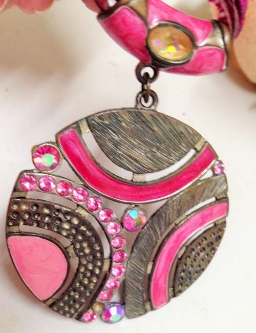 Necklace -Pink Extravaganza Pendant metal Ribbons+ beads LOOK At My BUY NOW LISTINGS NO WAITING