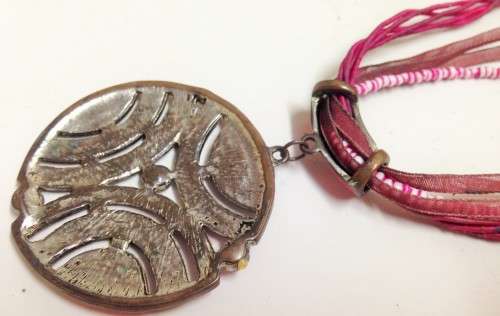 Necklace -Pink Extravaganza Pendant metal Ribbons+ beads LOOK At My BUY NOW LISTINGS NO WAITING