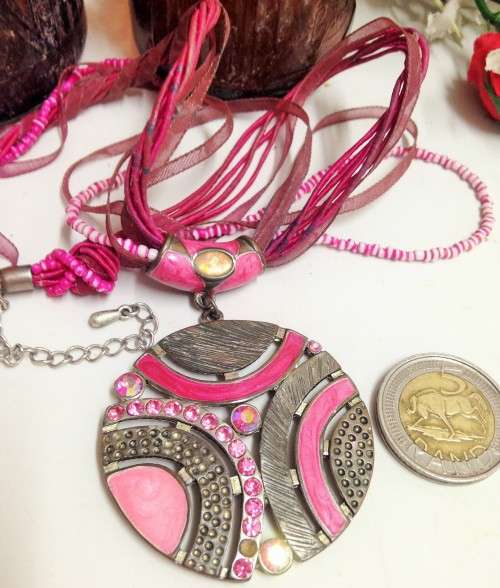 Necklace -Pink Extravaganza Pendant metal Ribbons+ beads LOOK At My BUY NOW LISTINGS NO WAITING