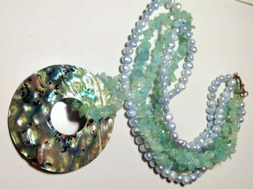 Pearls Fresh Water - GEM stones AQUAMARINE +ABALONE Pendant LOOK At My BUY NOW LISTINGS NO WAITING