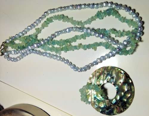 Pearls Fresh Water - GEM stones AQUAMARINE +ABALONE Pendant LOOK At My BUY NOW LISTINGS NO WAITING