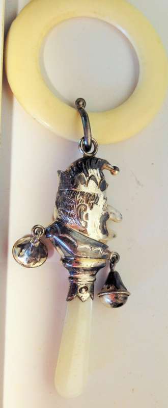 STERLING Silver BABY Rattle +Teether Mother of Pearl MR PUNCH original bells