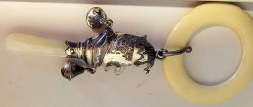 STERLING Silver BABY Rattle +Teether Mother of Pearl MR PUNCH original bells