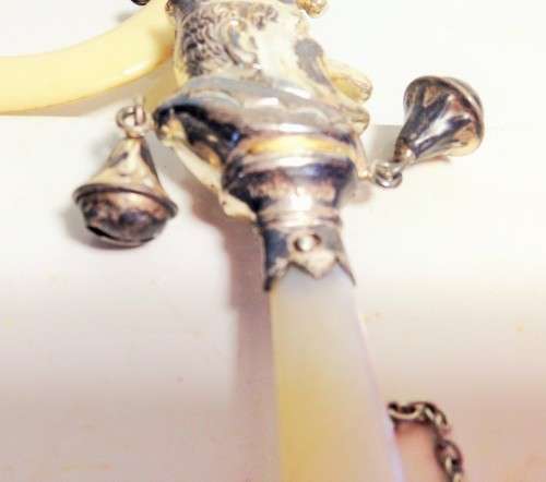 STERLING Silver BABY Rattle +Teether Mother of Pearl MR PUNCH original bells