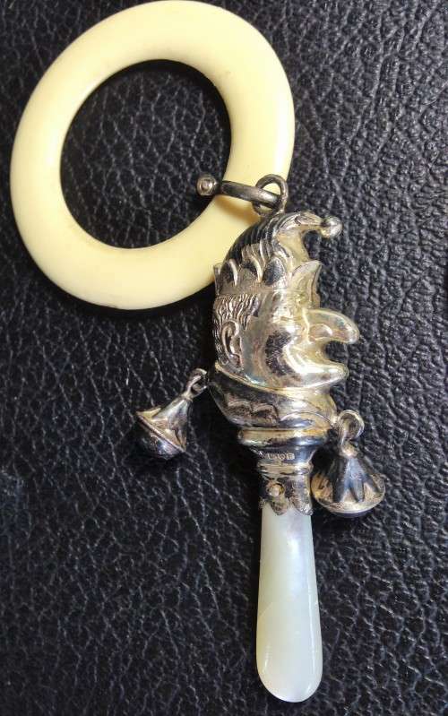 STERLING Silver BABY Rattle +Teether Mother of Pearl MR PUNCH original bells