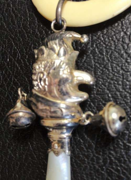 STERLING Silver BABY Rattle +Teether Mother of Pearl MR PUNCH original bells