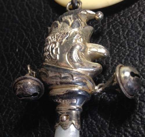 STERLING Silver BABY Rattle +Teether Mother of Pearl MR PUNCH original bells
