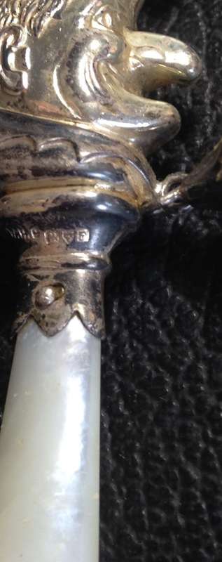 STERLING Silver BABY Rattle +Teether Mother of Pearl MR PUNCH original bells