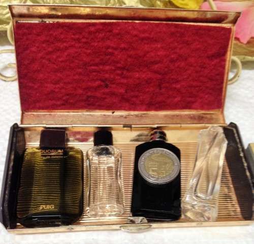 4 miniPERFUME BOTTLESempty+Brass Box not set LOOK At My BUY NOW LISTINGS NO WAITING