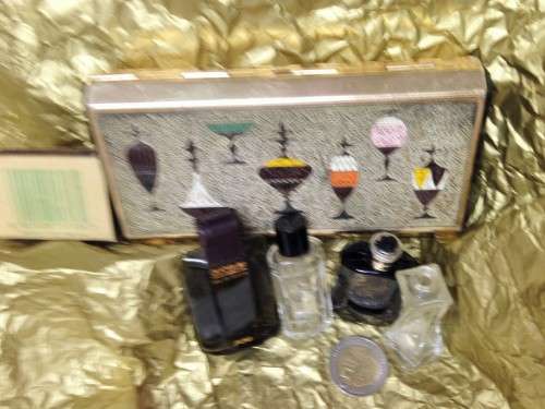 4 miniPERFUME BOTTLESempty+Brass Box not set LOOK At My BUY NOW LISTINGS NO WAITING