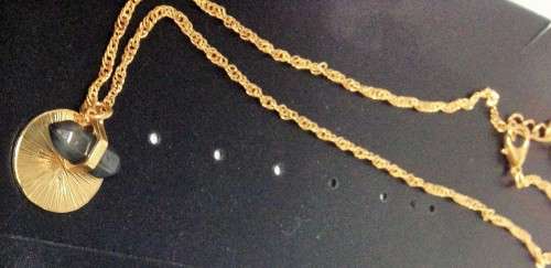Necklace blue obelesque +disk gold Tone metal Look at my Buy Now listings No Waiting
