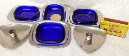Danish*LUNDTOFTE STAINLESS STEEL*4 steel smallTRAYS+4COBOLT GLASS2CandleH*GREAT COUNTRY HOME DECOR*L