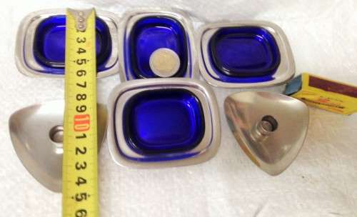Danish*LUNDTOFTE STAINLESS STEEL*4 steel smallTRAYS+4COBOLT GLASS2CandleH*GREAT COUNTRY HOME DECOR*L
