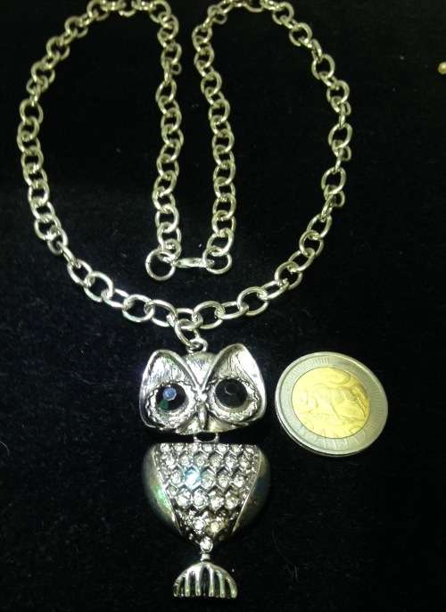 Necklace Articulated Owl Has Black eyes Crystals Silver Tone Metal Chain LOOK At My BUY NOW LISTING