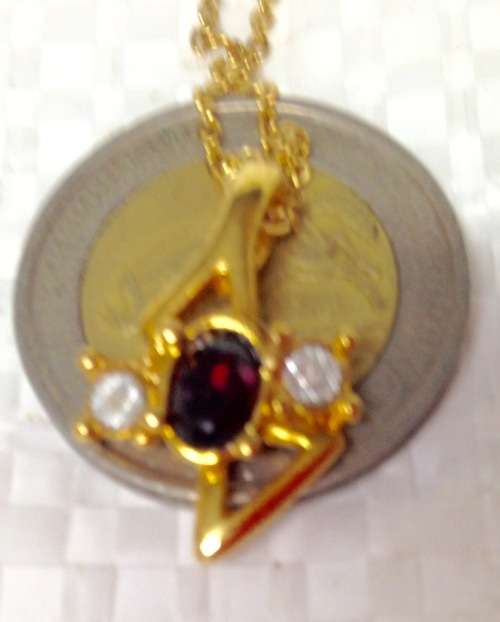 Post-Ordered Circa 1965to1975 Golden Pendant with Garnet at Center + Juxtaposing Diamond Chips LOOK