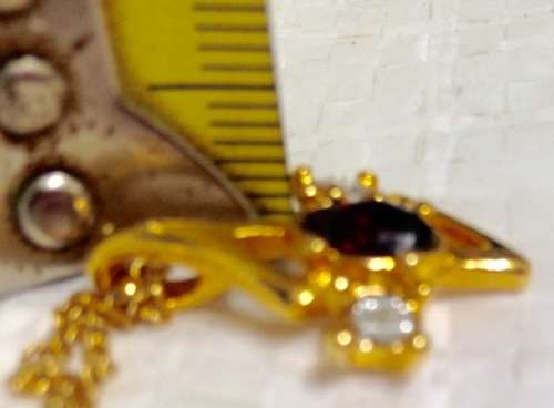 Post-Ordered Circa 1965to1975 Golden Pendant with Garnet at Center + Juxtaposing Diamond Chips LOOK