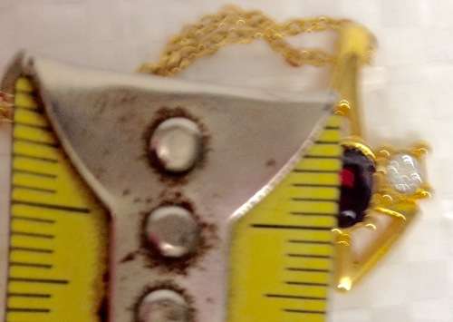 Post-Ordered Circa 1965to1975 Golden Pendant with Garnet at Center + Juxtaposing Diamond Chips LOOK