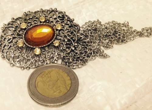 BROOCH FILIGREE Silver Tone metal Large AMBER Glass Stone - Crystals