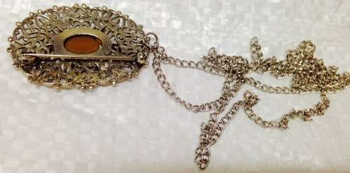 BROOCH FILIGREE Silver Tone metal Large AMBER Glass Stone - Crystals
