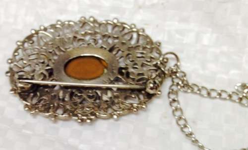 BROOCH FILIGREE Silver Tone metal Large AMBER Glass Stone - Crystals