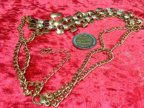 NECKLACE -Bib 2 Strand ROSE GOLD +CRYSTALS GOLD Tone METAL
