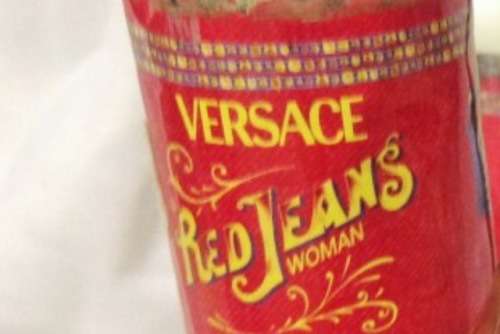 VERSACE RED JEANS coke miniature Art Glass empty perfume bottle+TIN
