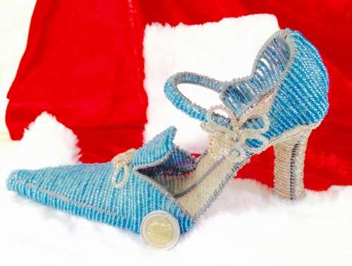 GLASS beaded SHOE + Nett artificial flowers for Wedding Events Table has wire frame