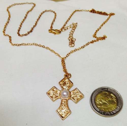 Necklace - CROSS Rose Gold has faux pearl Modern