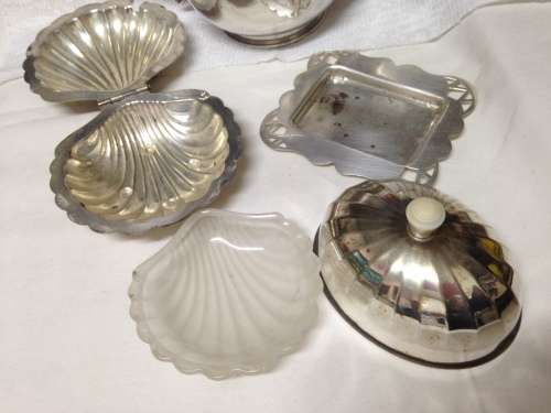 EPNS James DixonT Pot +SHell hinged Butter dish+glass+Dome lid +Square base