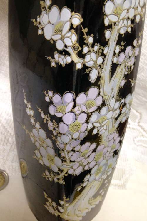 VASE ceramic Gilt ORIENTAL-Blossoms White/GreenBlack-height 285mm!  !!!!GREAT COUNTRY HOME DECOR!!!!