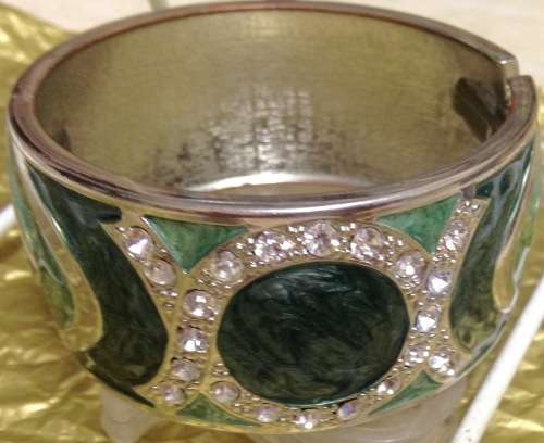 Bangle green colour- rhinestones wide cuff hinged clamper clasp