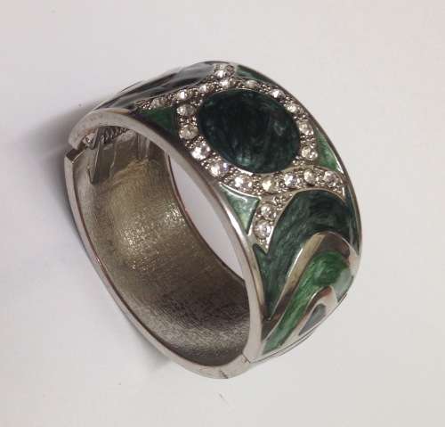 Bangle green colour- rhinestones wide cuff hinged clamper clasp