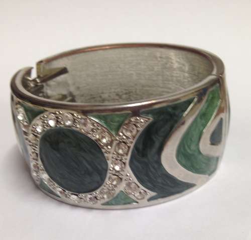 Bangle green colour- rhinestones wide cuff hinged clamper clasp