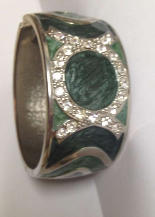 Bangle green colour- rhinestones wide cuff hinged clamper clasp