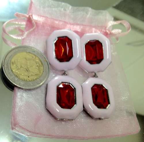 Pink Enamel Earrings Red Stones Synthetic + Chiffon Bag LOOK At My BUY NOW listings NO WAITING