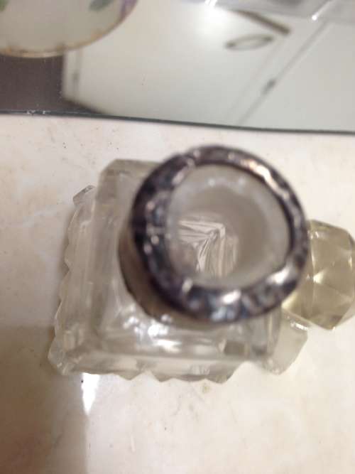 Crystal cut faceted PERFUME bottle+Stopper STERLING SILVER Collar lovely small -some damage