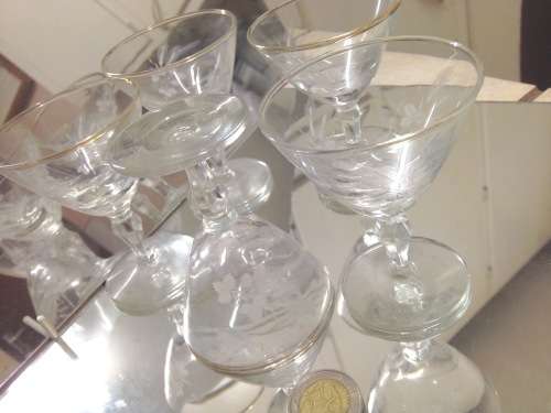 !!!RARE!!! 5 small art deco Sherry glasses black base +tray LooK at My Buy Now Listings No Waiting