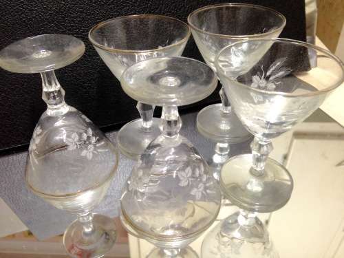 !!!RARE!!! 5 small art deco Sherry glasses black base +tray LooK at My Buy Now Listings No Waiting