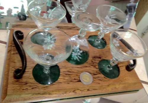 !!!RARE!!! 5 small art deco Sherry glasses black base +tray LooK at My Buy Now Listings No Waiting