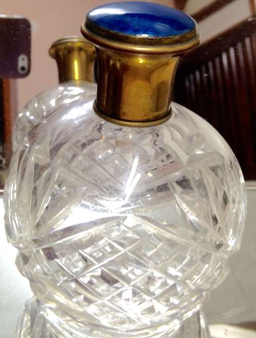 C1910 GUILLOCH blue enamel Top Cut Crystal PERFUME BOTTLE LOOK At My BUY NOW LISTINGS NO WAITING