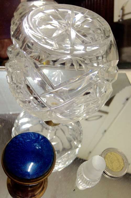 C1910 GUILLOCH blue enamel Top Cut Crystal PERFUME BOTTLE LOOK At My BUY NOW LISTINGS NO WAITING
